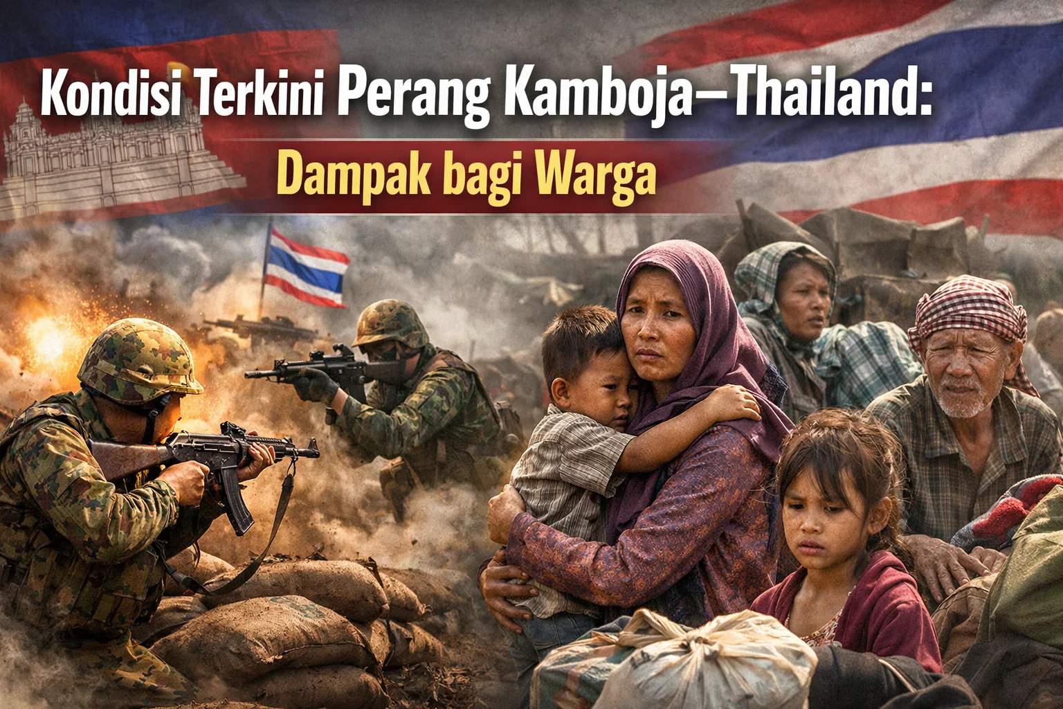 Ilustrasi kondisi terkini perang Kamboja–Thailand yang memperlihatkan ketegangan militer di perbatasan serta dampak konflik terhadap warga sipil.